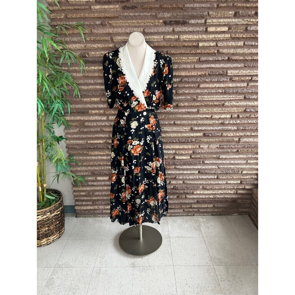 Expo Vintage 90s Dress Black Floral Grunge White Lace Collar Romantic Size 14 - Picture 11 of 11